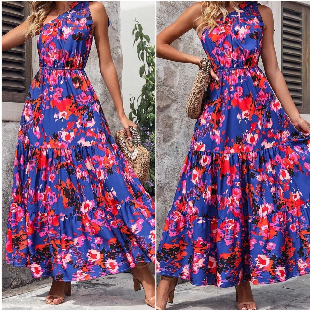 Boho Floral Print One Shoulder Ruffle Maxi Dress - Picture 4 of 6